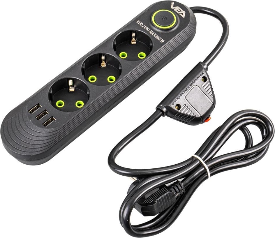 VA-21557 3 x Usb'li 3'lü 1.5 Metre Akım Korumalı Priz Siyah