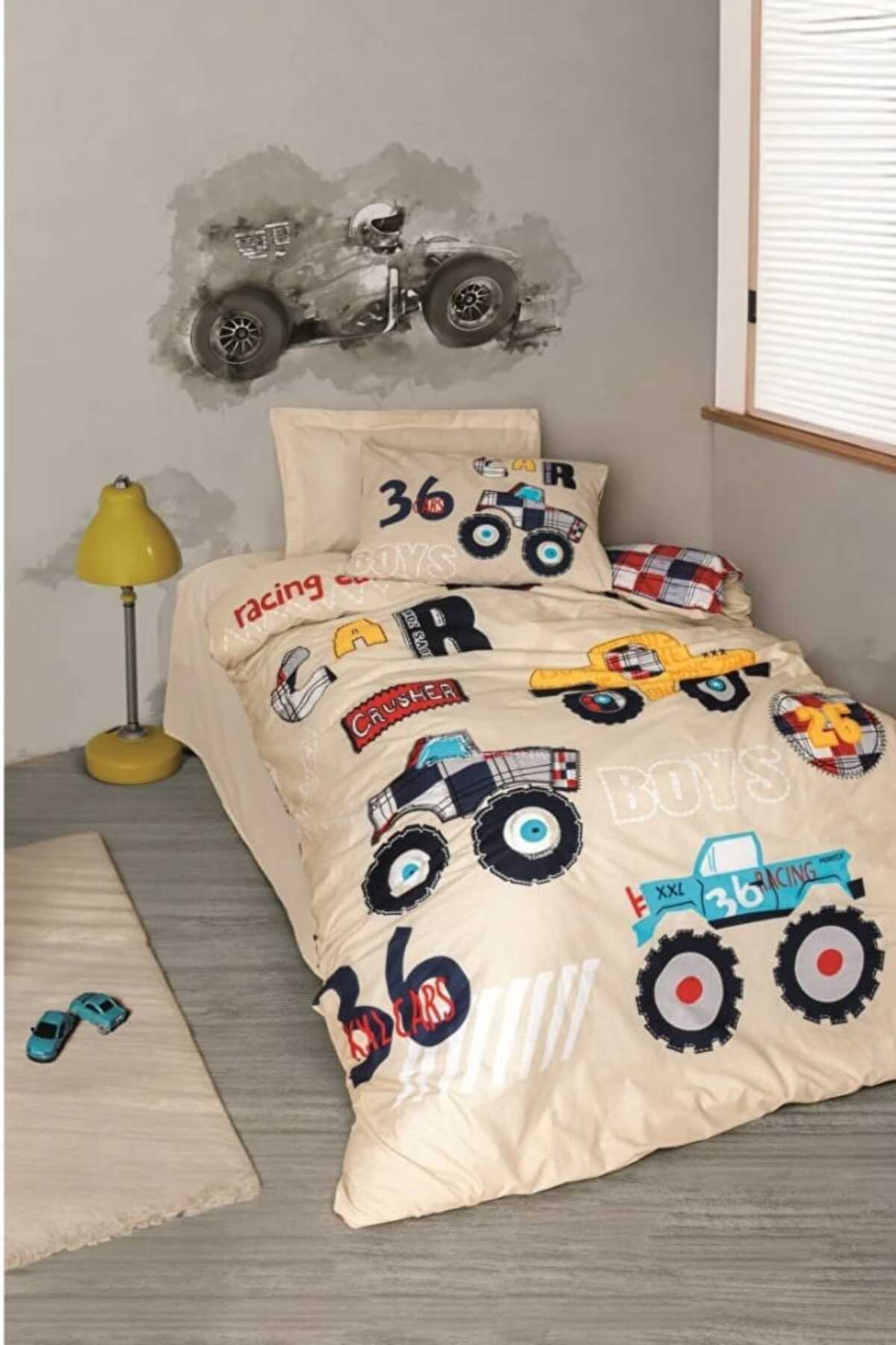 Junior Tek Kişilik Çarşafı Lastikli Nevresim Takımı Cars Bej