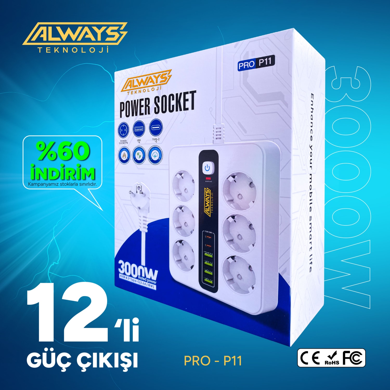 Akım Korumalı 6'lı Grup Priz 4 Usb'li ve 2 Type-C Li 6'lı Grup Priz 2 M Kablo Çocuk Korumalı