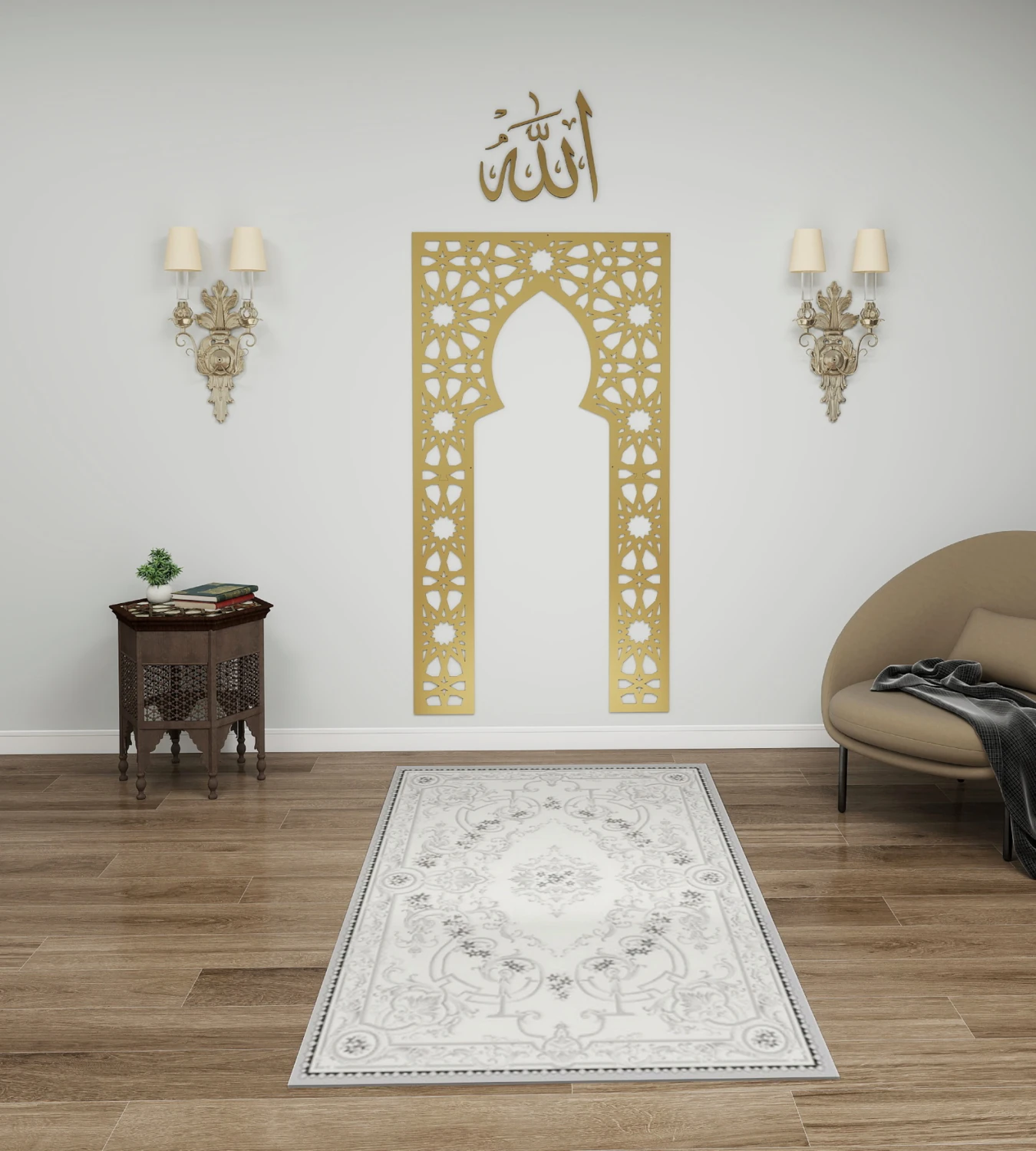 Islami Motifli Gold Metal Mihrab – Duvara Monte, 75X175 cm | Namaz Alanı & Mescit Dekoru