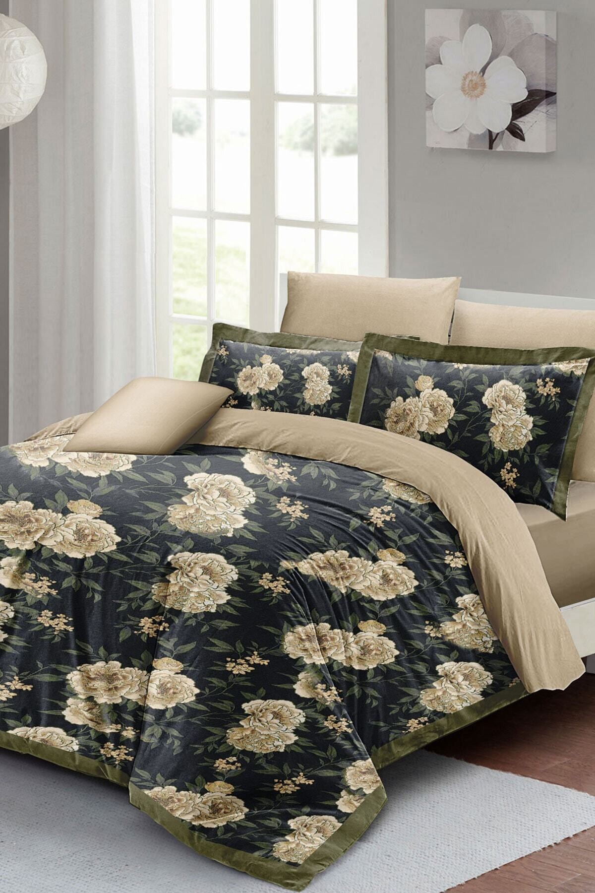 Kıng Sıze Flower Nefti Çift Kişilik Nevresim Takımı 3d Pamuk Saten 220x240cm