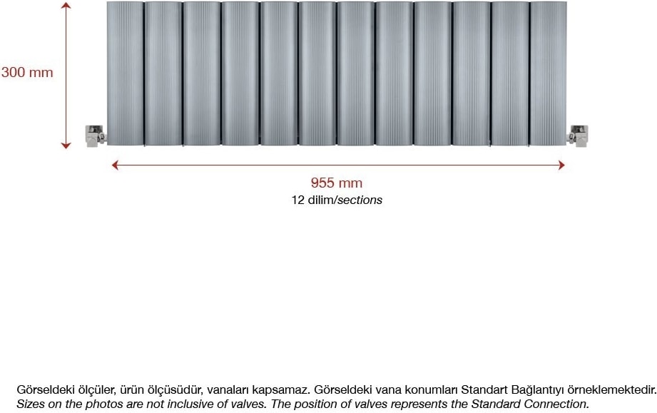 300 x 1195 mm Amber Yatay Gümüş Gri Alüminyum Radyatör Standart Bağlantı