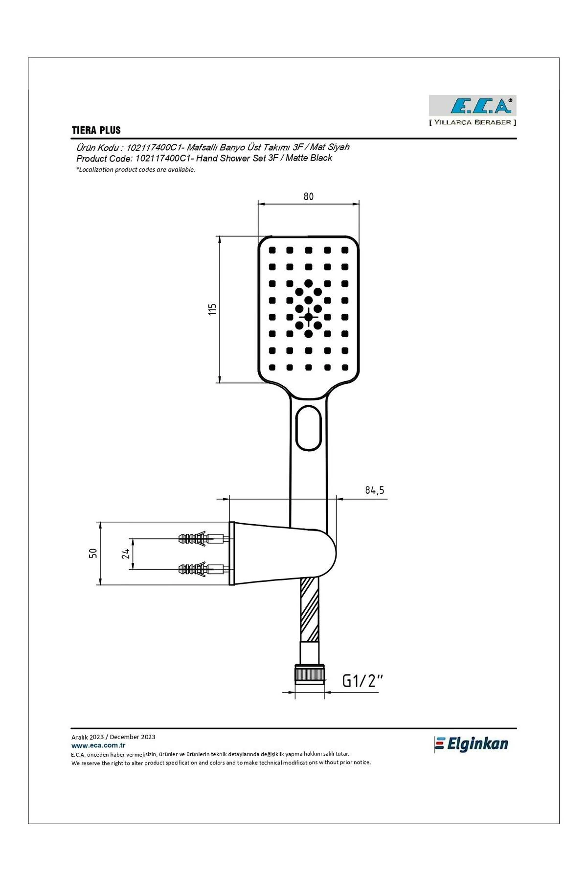 Tiera Plus Mafsallı El Duş Seti Mat Siyah (3 Fonksiyonlu) 102117400C1