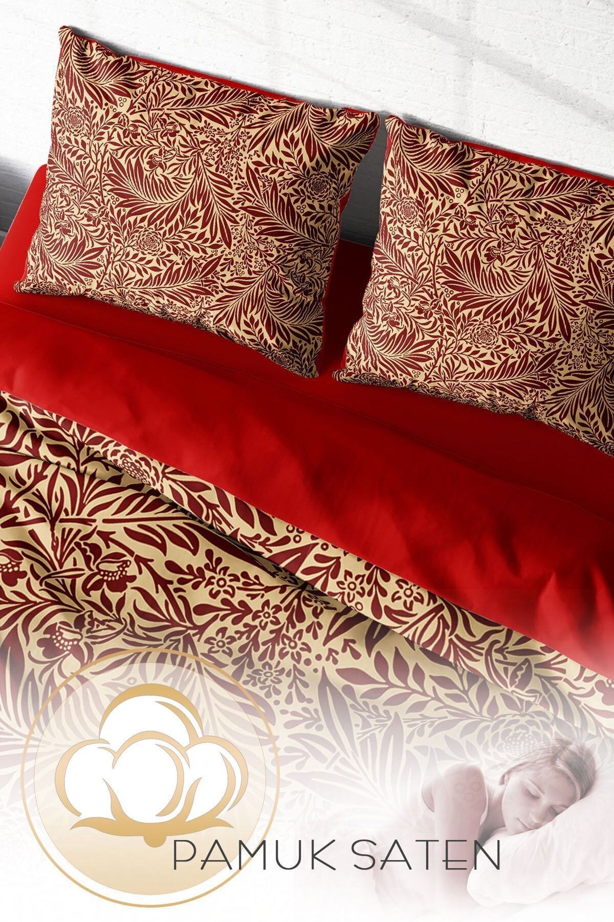 Red Leaf 3d Pamuk Saten Çift Kişilik Nevresim Takımı