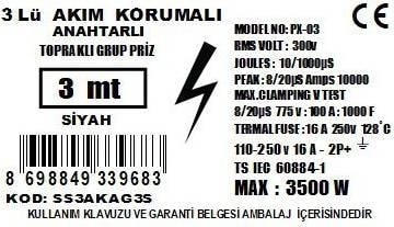 Üçlü Akım Korumalı Anahtarlı Grup Priz 3 mt Siyah