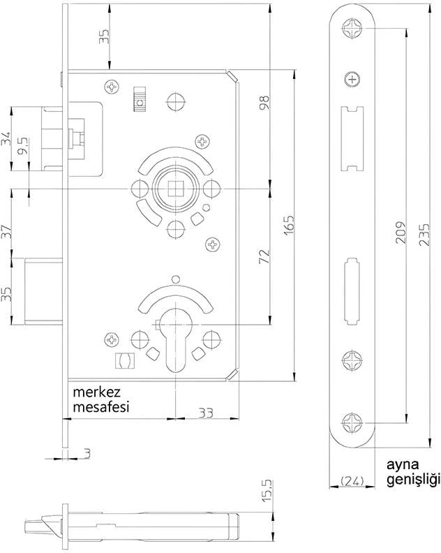 S.50 Serisi Gömme Kapı Kilidi Yangın Dayanımlı Barelli Tip Paslanmaz Çelik 55/20 mm