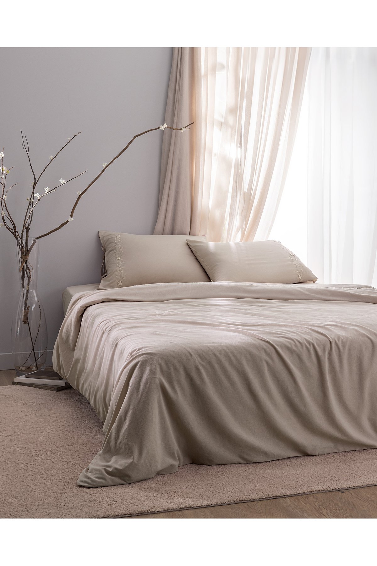 King Size %100 Pamuk Nakışlı Nevresim Takımı - Bej