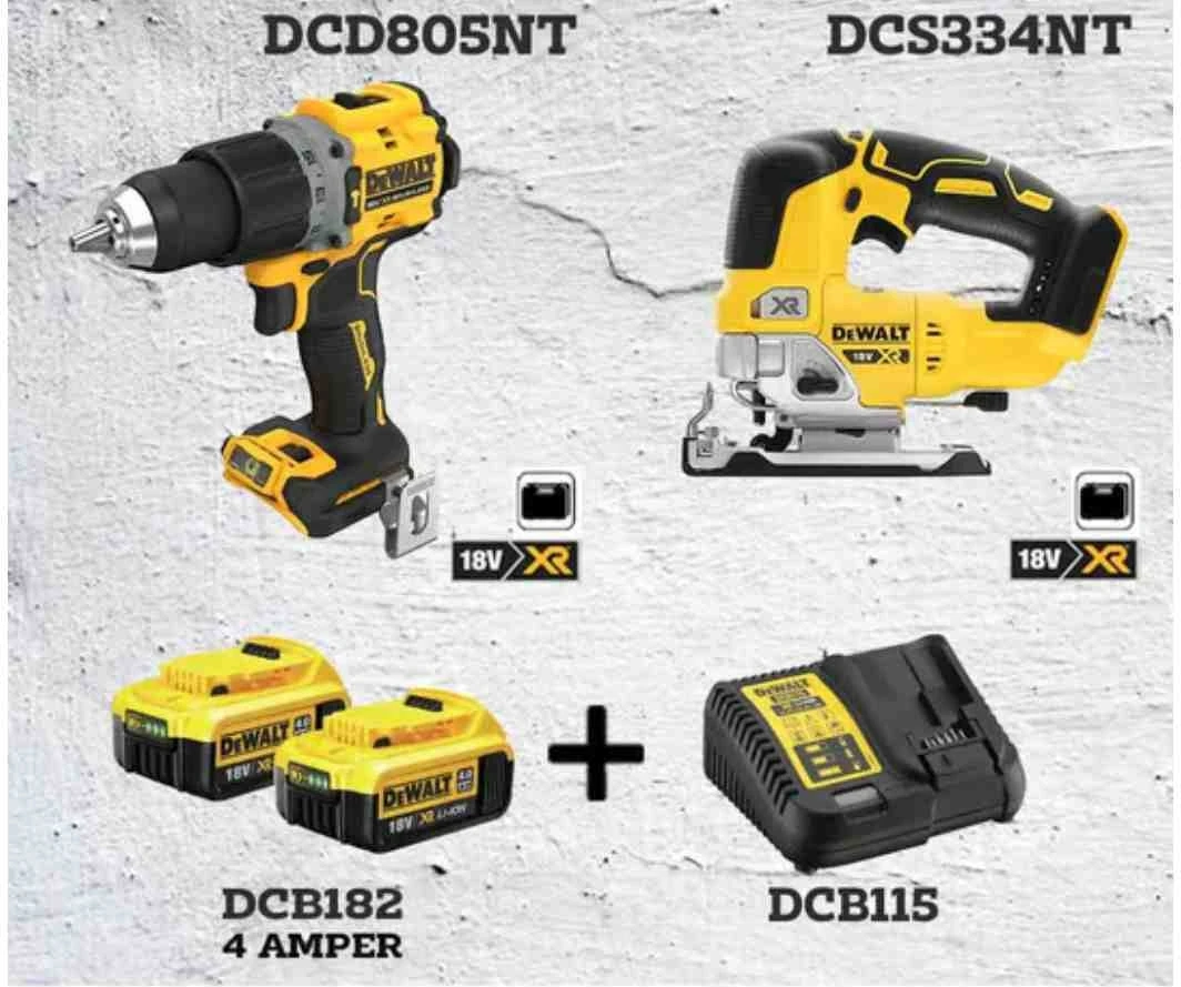 DCD805NT Darbeli Vidalama ( 90 Nm ) + DCS334NT Dekupaj Testere + 2x4 Ah Akü + 1 Adet Dolum Cihazı
