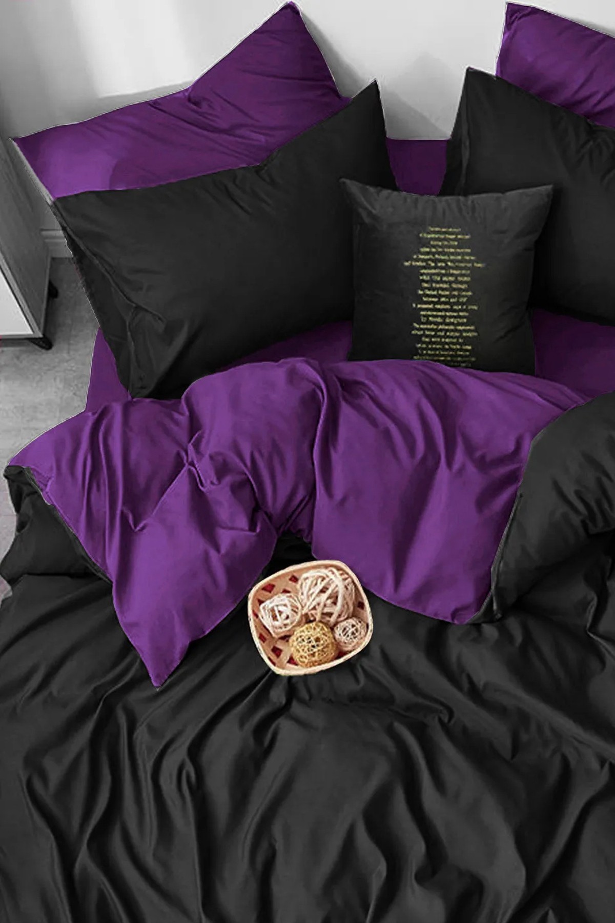 Lastikli Çarşaflı Nevresim Takımı Çift Kişilik Mor-Siyah BlackPurple