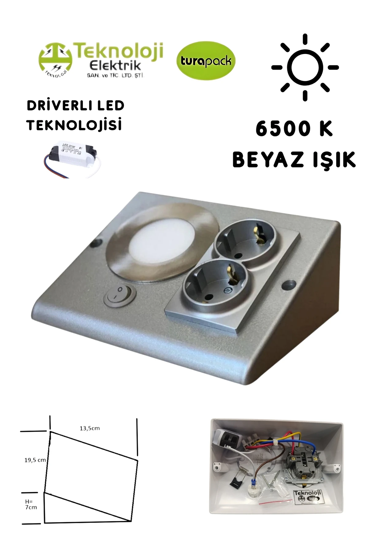 Dolap Tezgah Altı 2'li Priz Ve 3 Watt Anahtarlı Led Spot Aydınlatma (FÜME KASA) Işık Ve Akıllı Priz