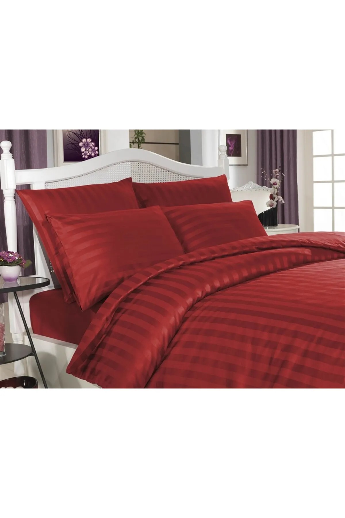 Always Deluxe Çizgili  Kırmızı  Pamuk Çift Kişilik Saten Nevresim Takımı  200 x220 cm