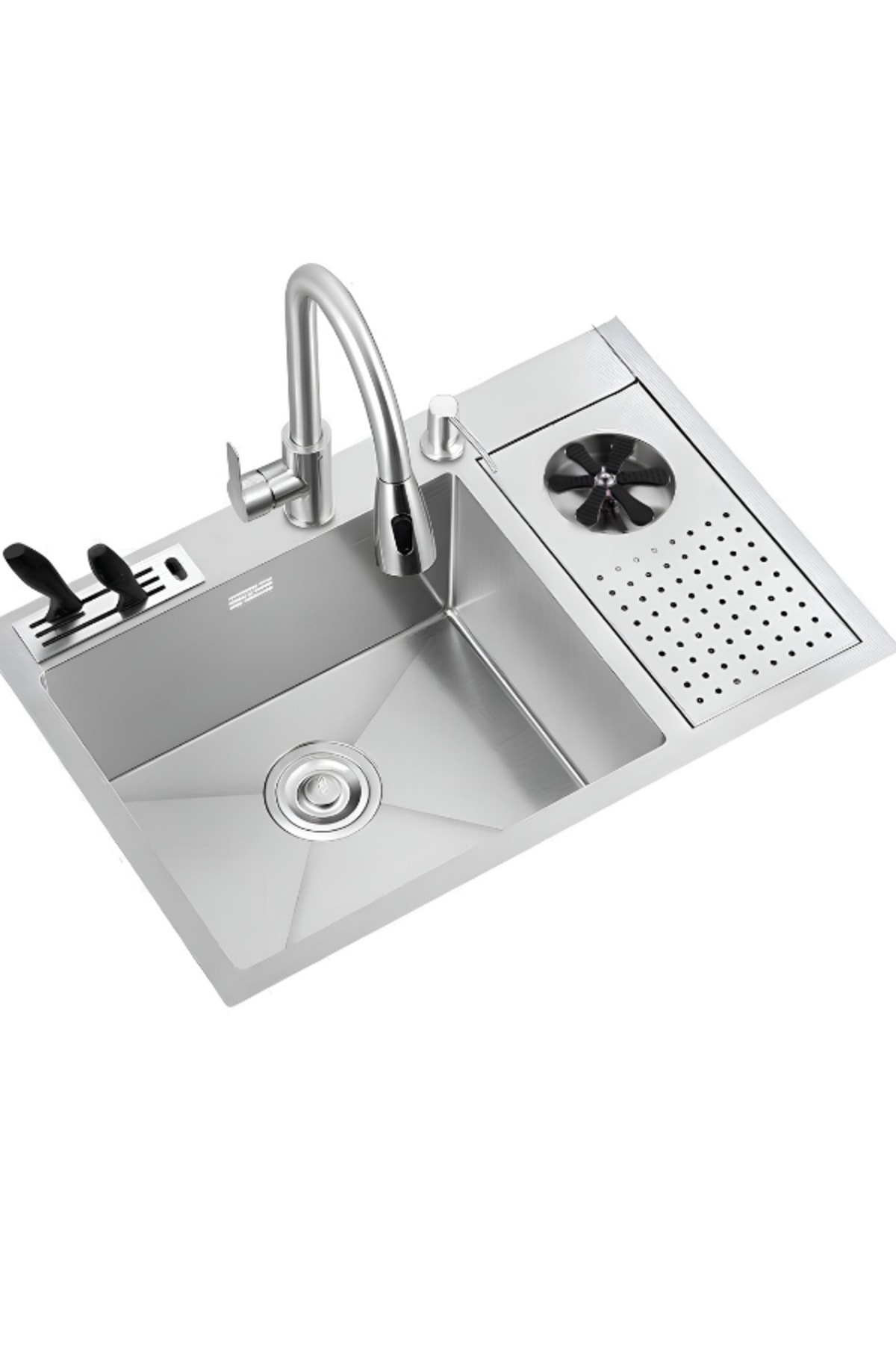 Moderno Paslanmaz Çelik Bardak Yıkamalı Akıllı Mutfak Evyesi Inoks Renk 68x45cm Eviye