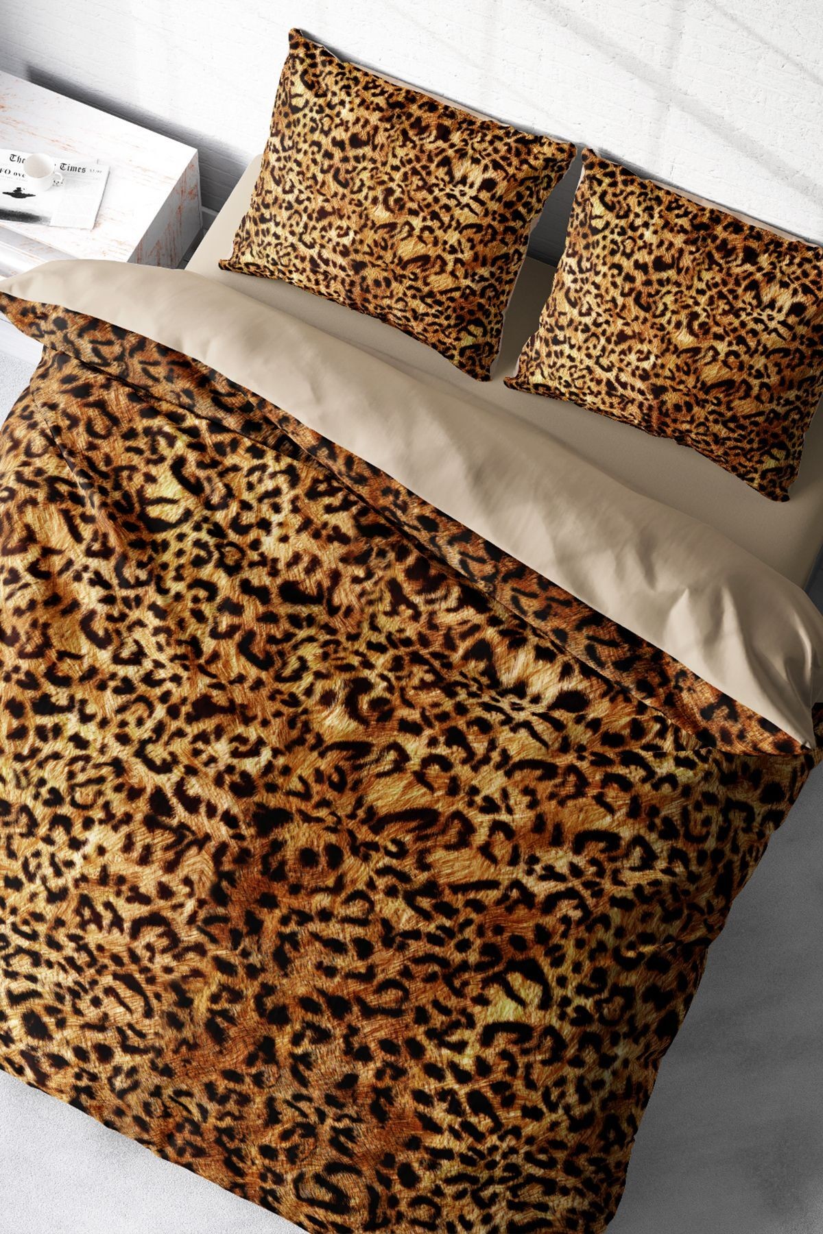 Kıng Sıze %100 Pamuk Saten Çift Kişilik Nevresim Takımı Golden Leopard 220x240cm
