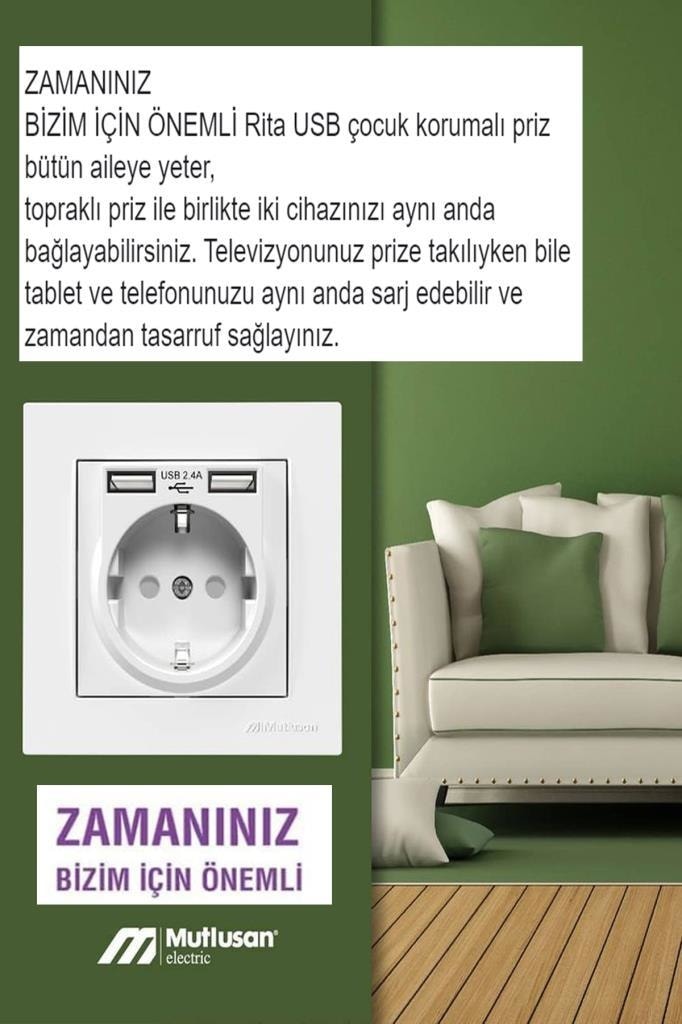 Rita 2,4 A Hızlı Şarj Edebilen 2 USB Li Topraklı Priz - Beyaz