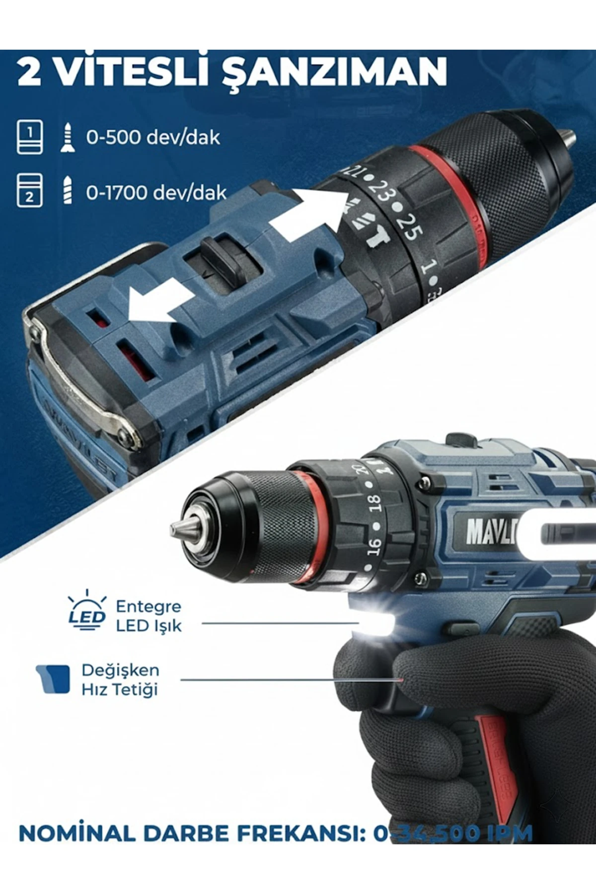 21V Bakır Sargı Kömürsüz Motor Çelik Mandren Darbeli Şarjlı Matkap Akülü Vidalama Uç Setli - Mavi