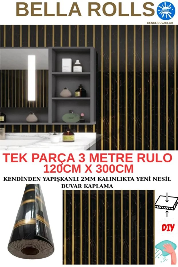 120cmx300cm Tek Parça Yapışkanlı Rulo Gold Çizgili Mermer Desen Duvar Paneli Kağıdı Esenyurt QM0137