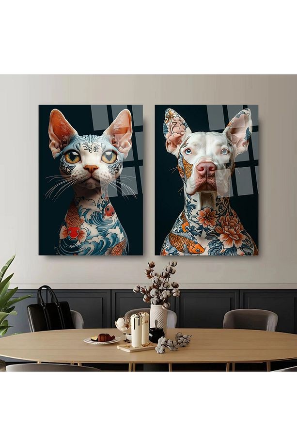 2 Lİ TATTOO TABLO DÖVMELİ KEDİ VE KÖPEK CAM TABLO ULRTA CANLI RENK CAM TABLO KIRILMAZ CAM