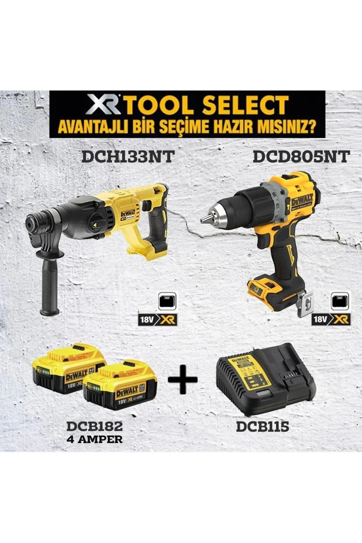 DEWALT Dcd805nt 90nm Darbeli Vidalama Dch133nt Kırıcı Delici 2.6j 2x4ah Akü Şarj Cihazı