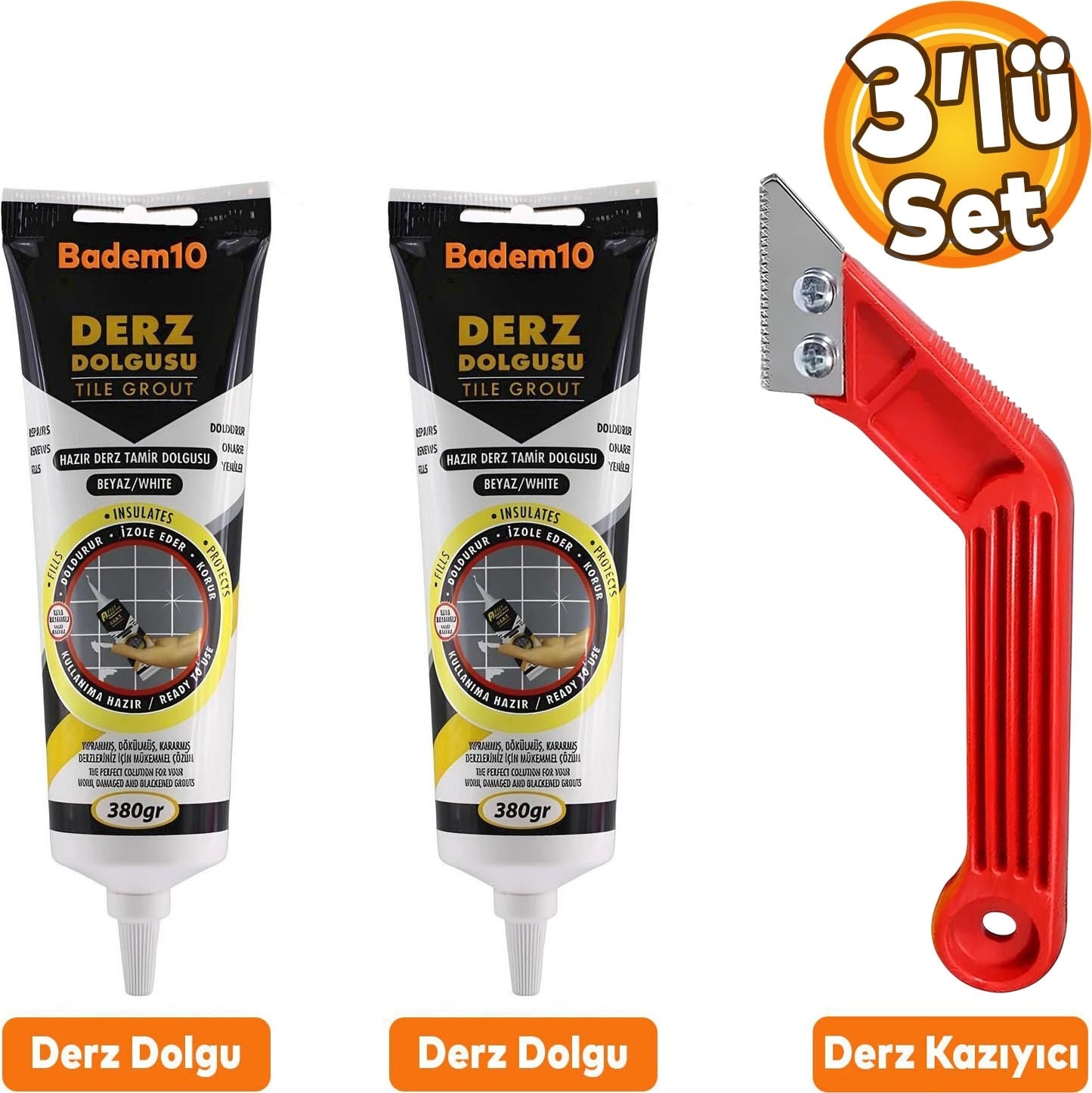 (3'lü Set) Fayans Arası Beyaz Hazır Derz Boyama Dolgusu + Derz Kazıyıcı Temizleyici