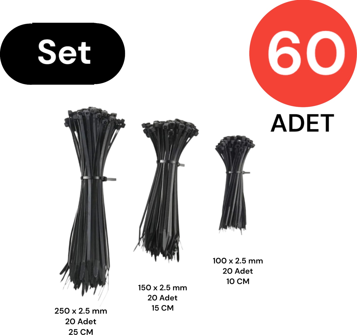 Plastik Kablo Bağı Cırt Kelepçe Set 100-150-250 x 2.5 mm Siyah (20 x 3) 60 Adet