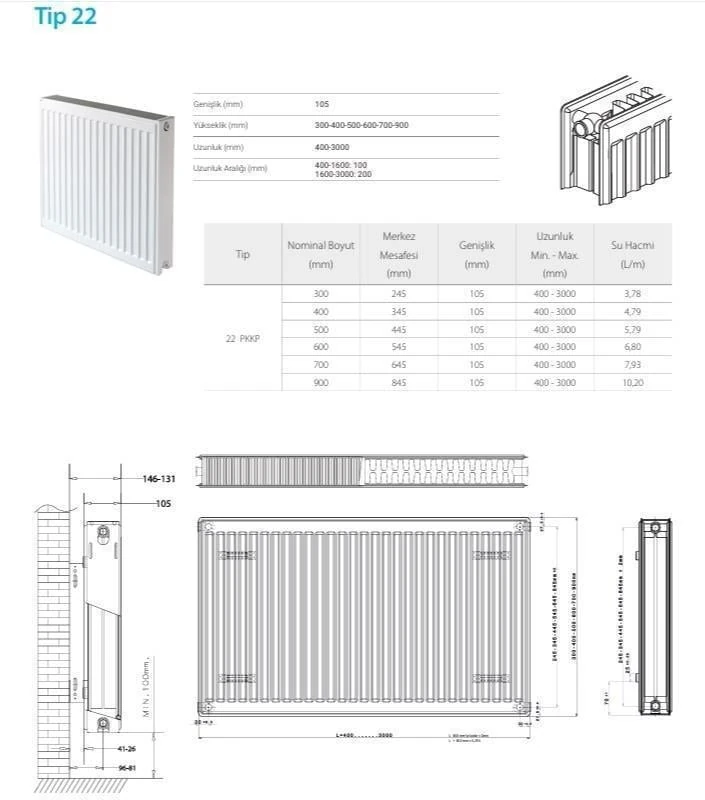 TIP22 Pkkp 600 x 1300 Panel Radyator Kalorifer Petegi