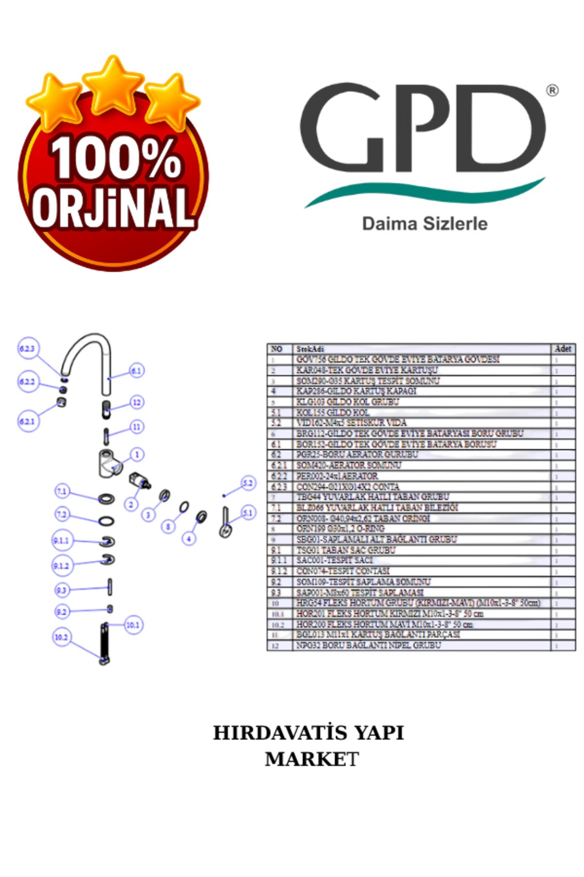 Gildo MTE165 Tek Gövde Eviye Bataryası
