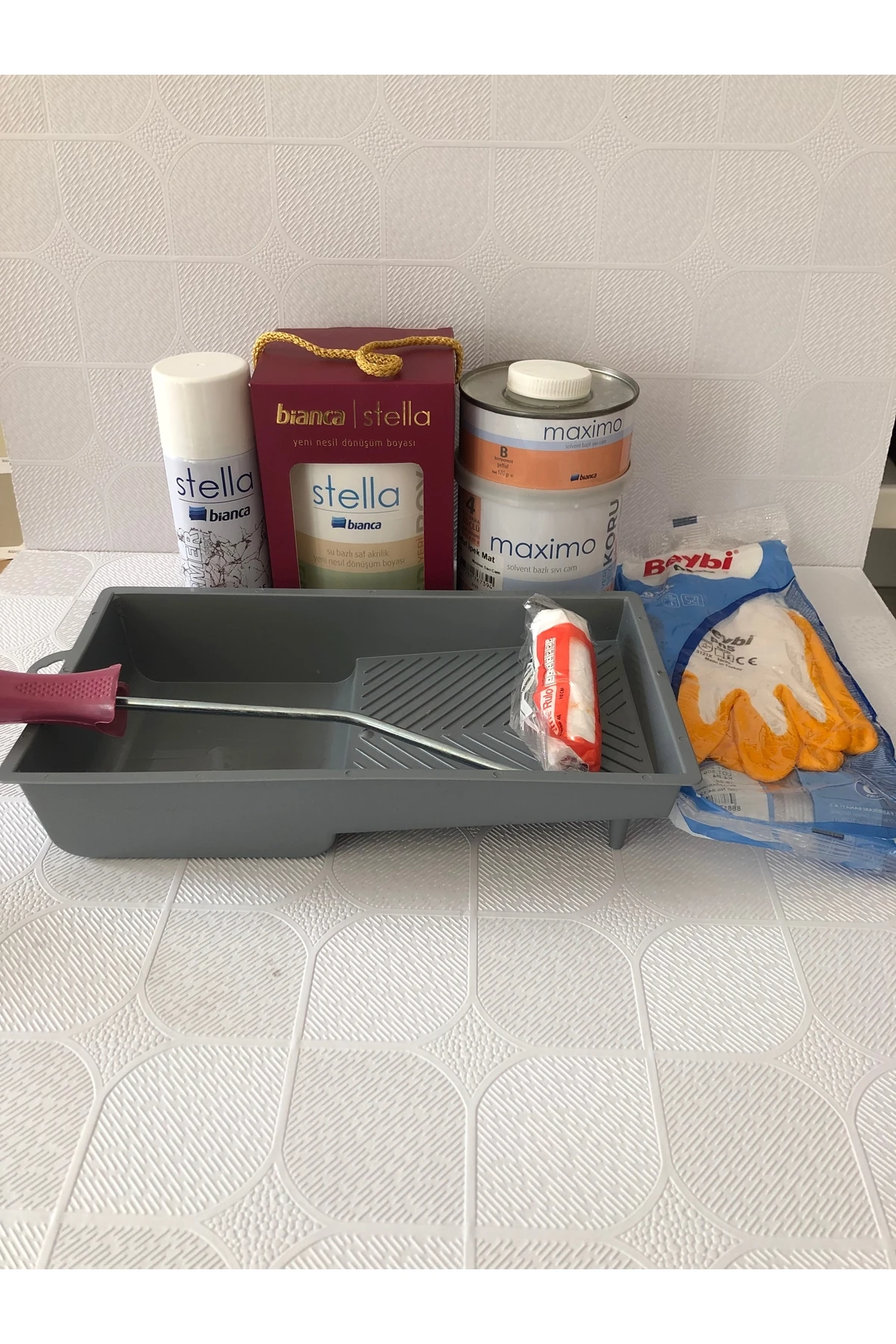 Stella  su bazlı 1 lt.- Antrasit Gri boya+beyaz mermer effekt sprey+maximo sıvı cam