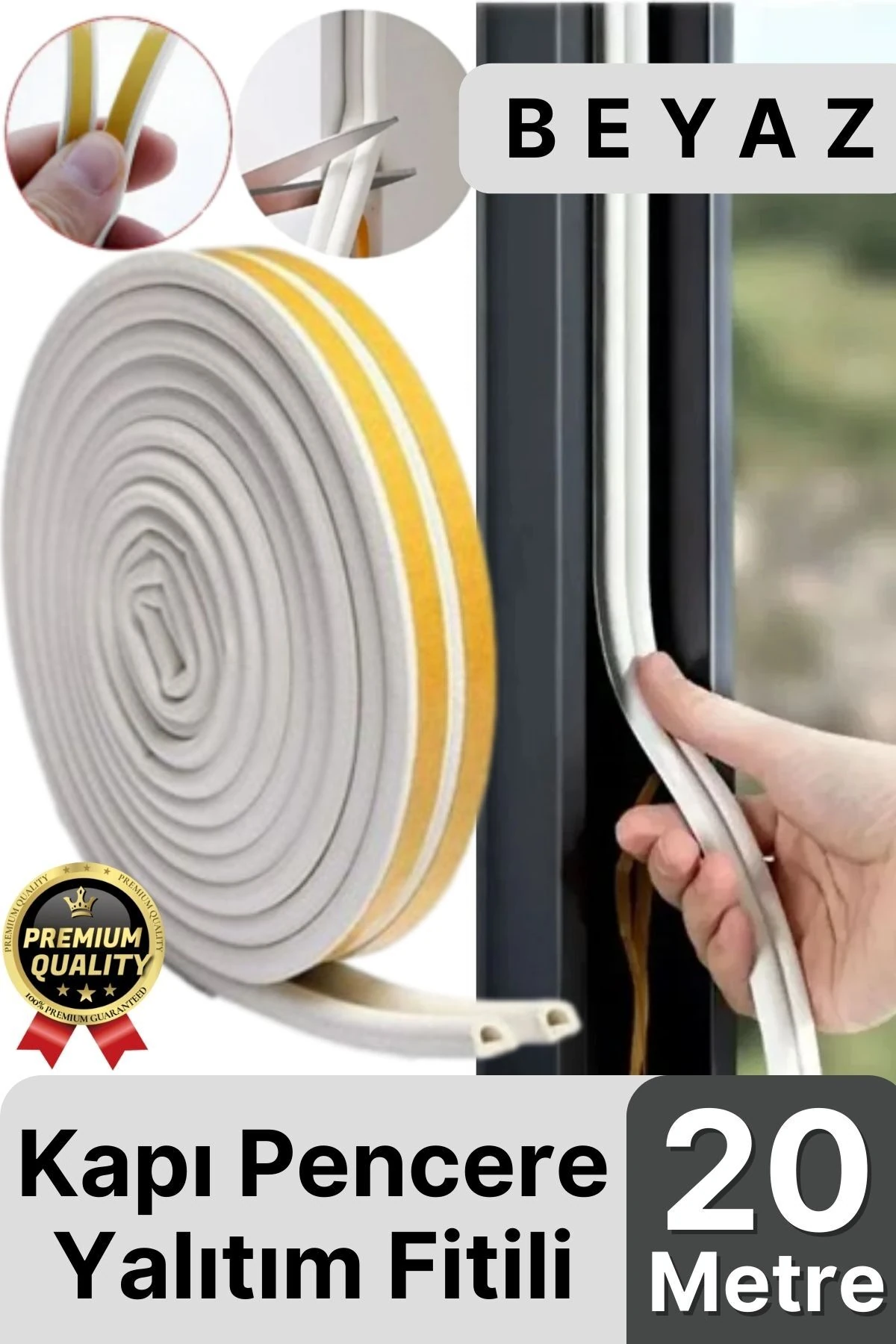 Güçlü Kendinden Yapışkanlı Kapı Pencere Soğuk Hava Geçirmez Yalıtım İzolasyon Beyaz Fitil 20 Metre