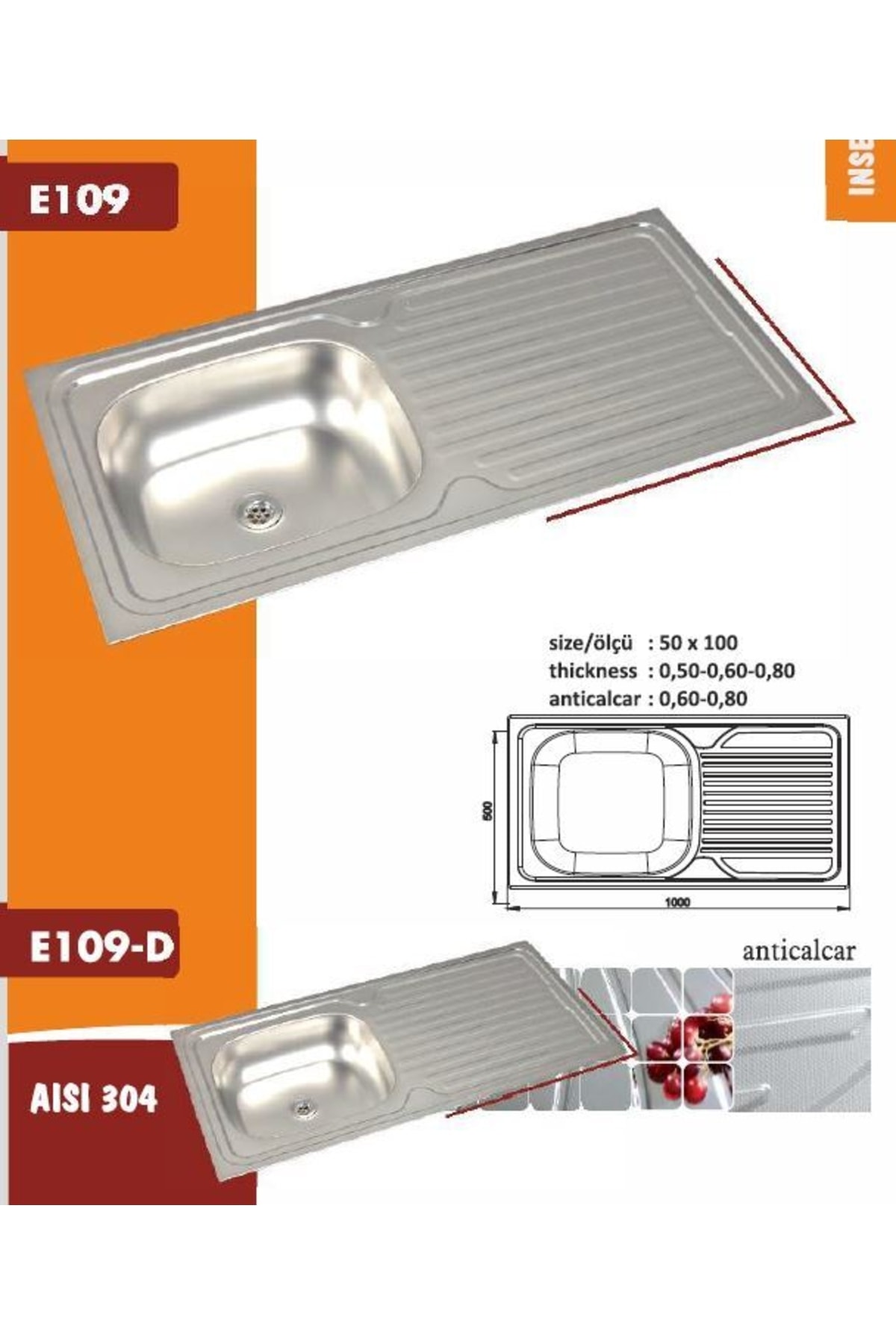 50 X 100, Ankastre, Paslanmaz Evye U50100