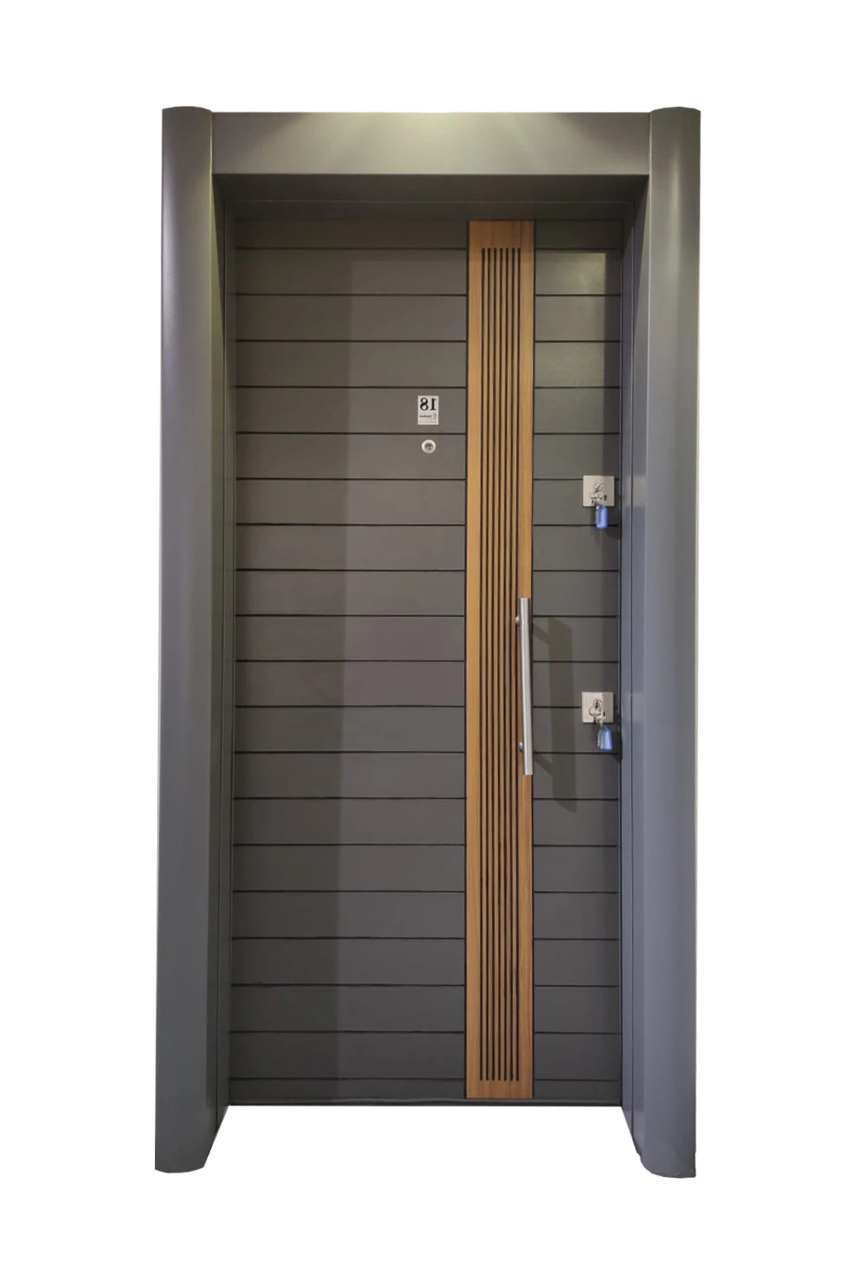 Celik Kapi Tırnaklı Sistem Çelik Kapı, Antrasit Kasalı Rustik Çizgili Düz Model Sol Açılım