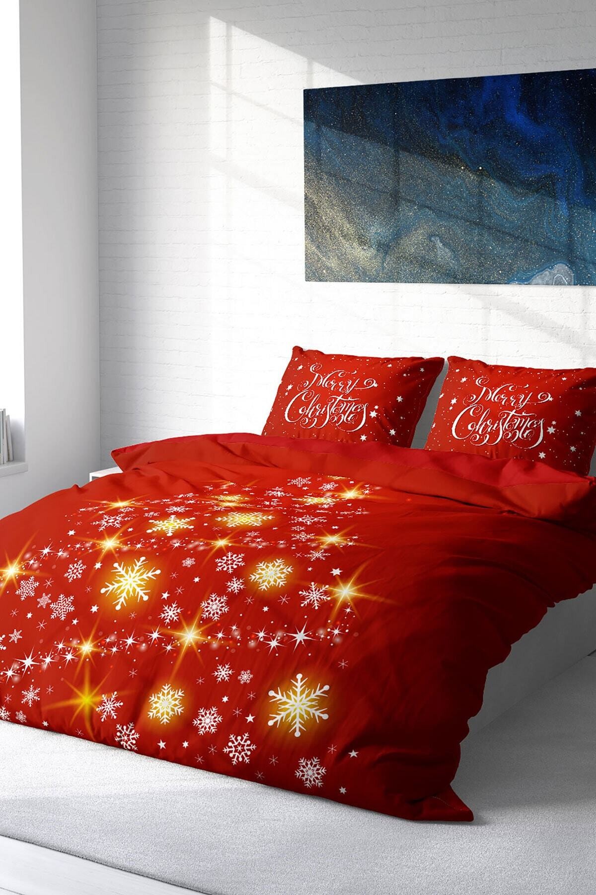 Kıng Sıze Yılbaşı Süsü Merry Christmas Çift Kişilik 3d Nevresim Takımı Pamuk Saten 220x240cm
