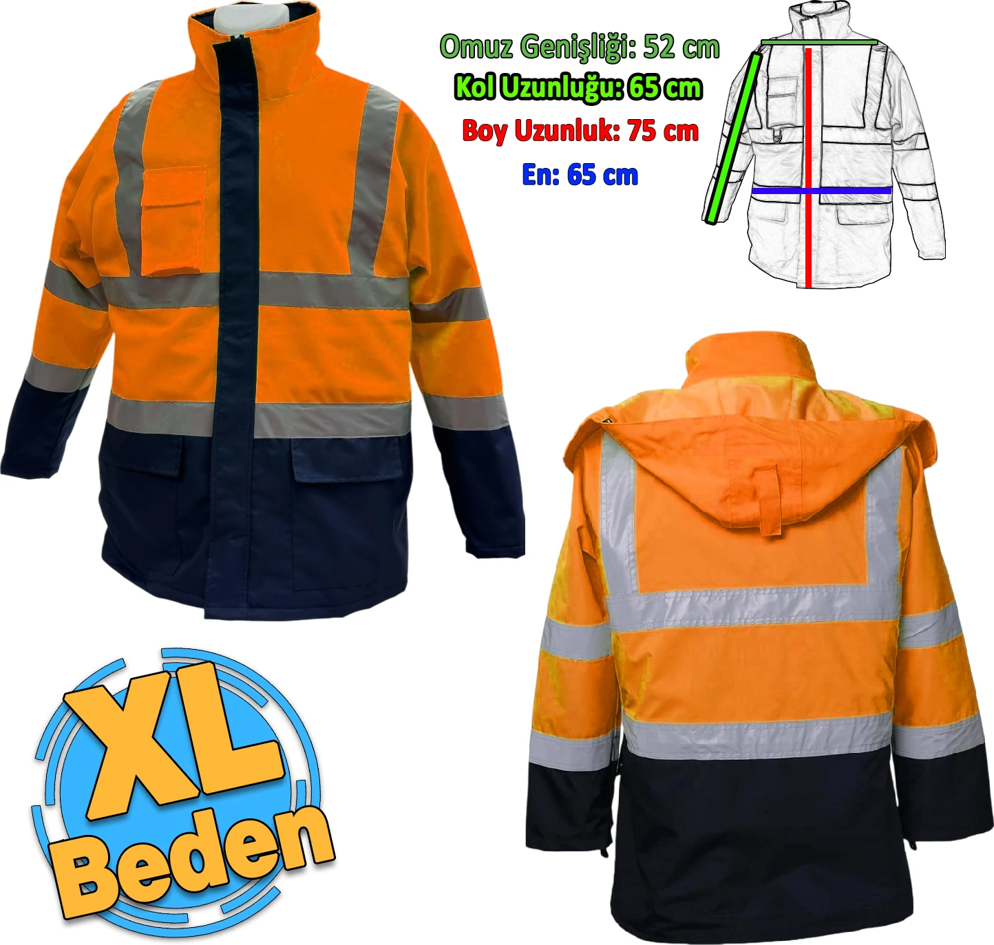 Cepli Reflektif Xl Beden Fosforlu Fermuarlı Kaban Kapüşonlu Parka Turuncu Lacivert Kaban İşçi Parkası