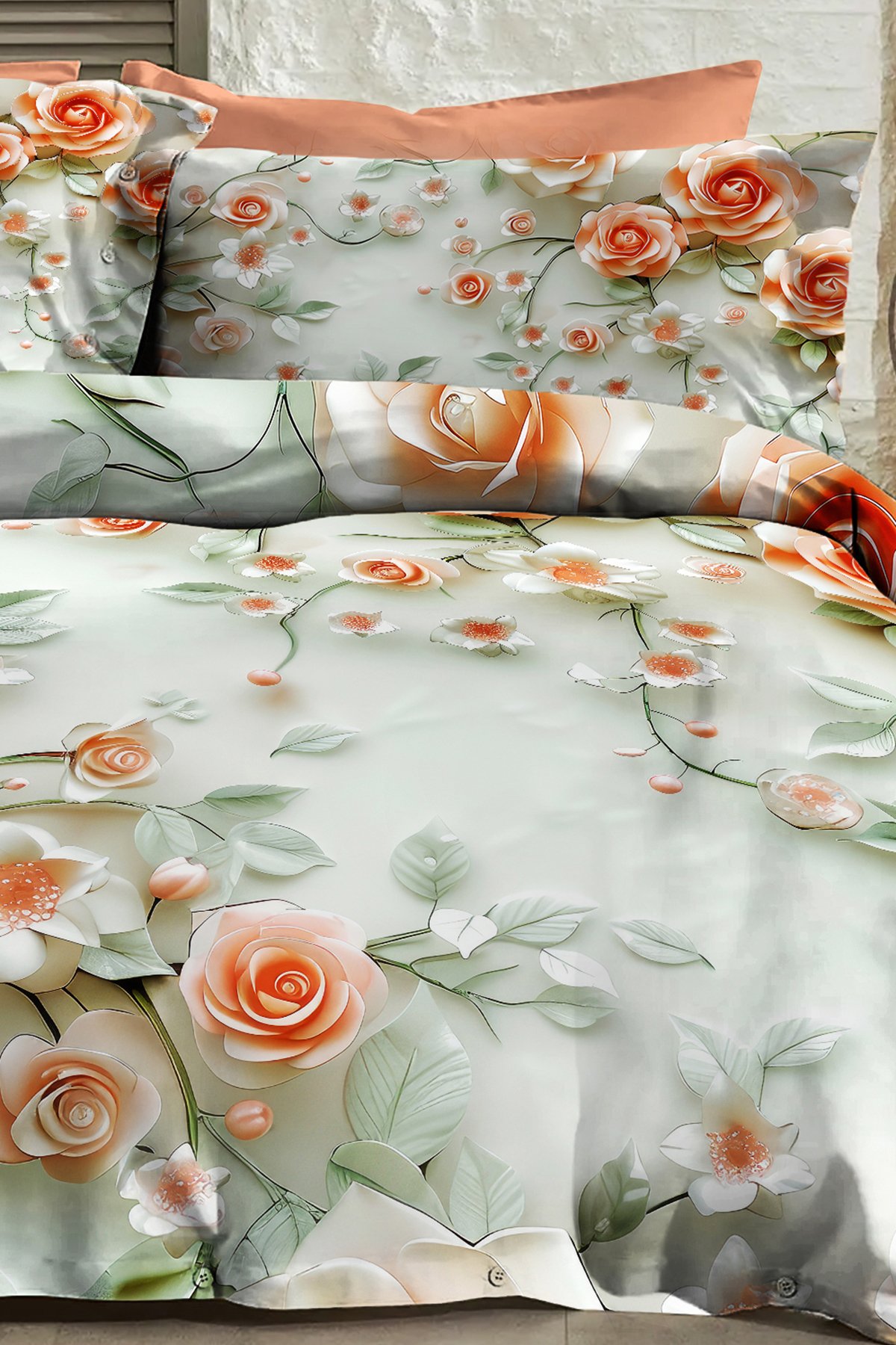 %100 Pamuk Ranforce Çeyizlik Luxury 5d Dijital Çift Kişilik Nevresim Takımı Salmon Flowers