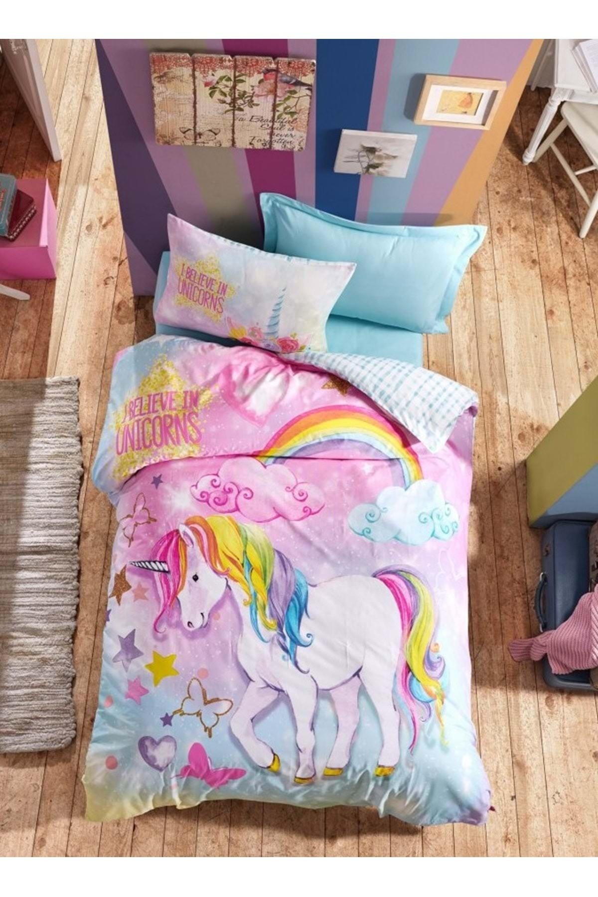 Junior Ranforce Çarşafı Lastikli Tek Kişilik Nevresim Takımı-dream Mint