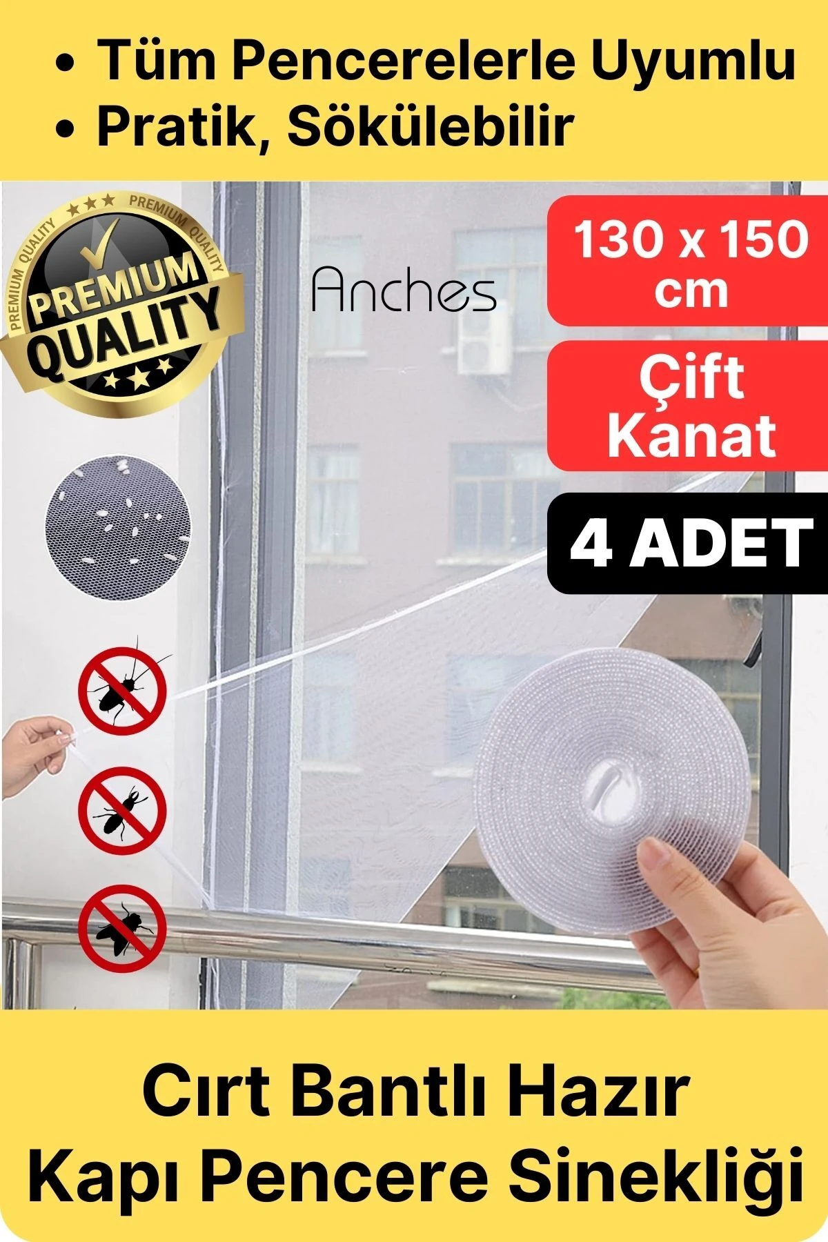 4 Adet Pratik Cam Pencere Kapı Uyumlu Çift Kanat Yırtılmaz Kendinden Yapışkanlı Sineklik