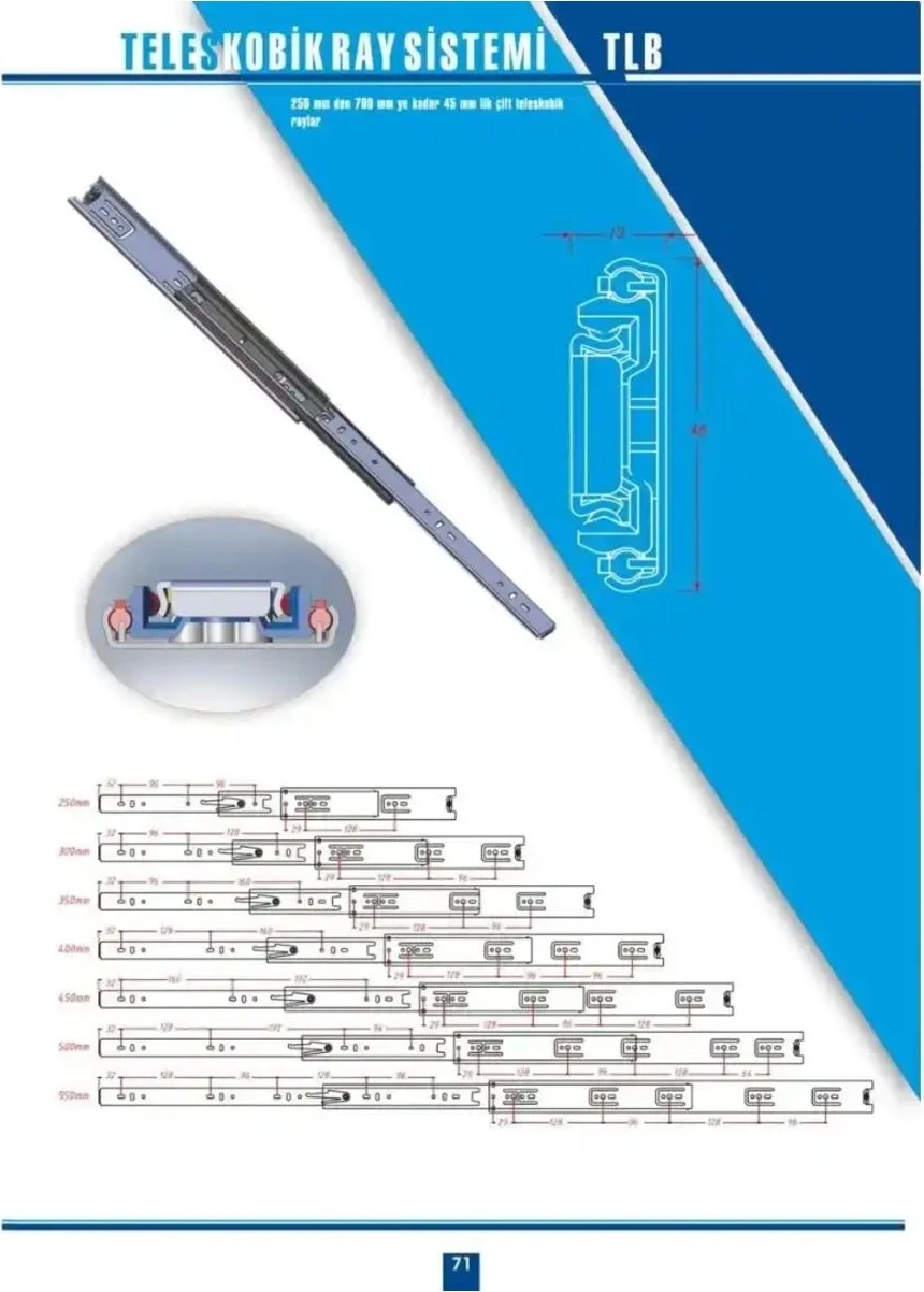En 45 mm Teleskopik Bilyalı Çekmece Rayı 55 cm (1 Takım)