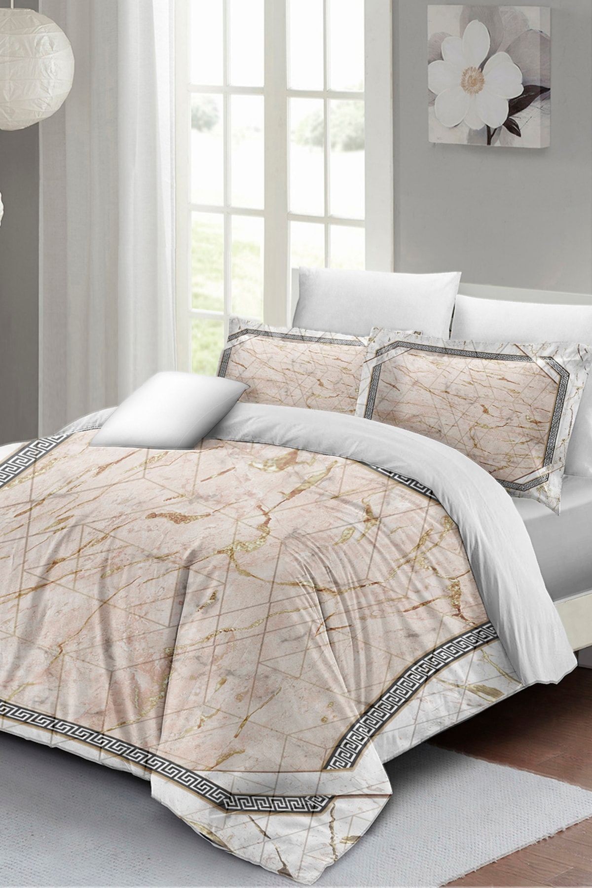 Kıng Sıze Nevresim Takımı Çift Kişilik 3d Pamuk Saten Pink Marble 220x240cm