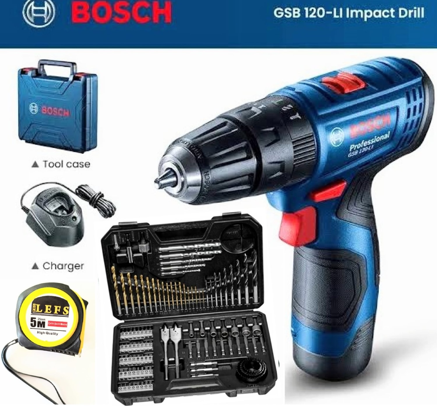 Gsb 120 Li Darbeli Matkap Vidalama (Tek Batarya) ,bosch V-Line 103 Parça Uç Seti ve Metre