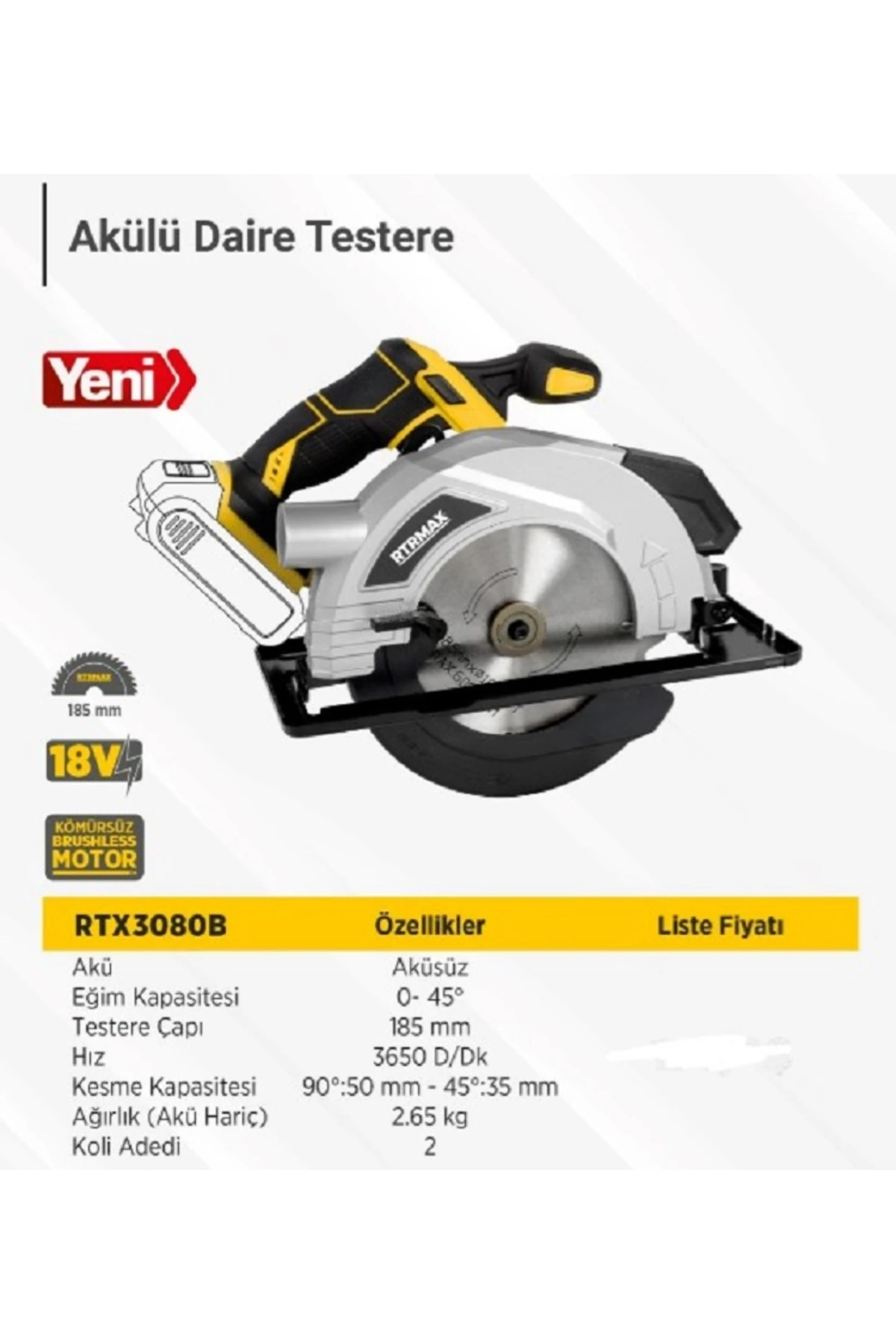 Rtx3080 Akülü Daire Testere Kömürsüz 185mm Çift Akü 4 Ah