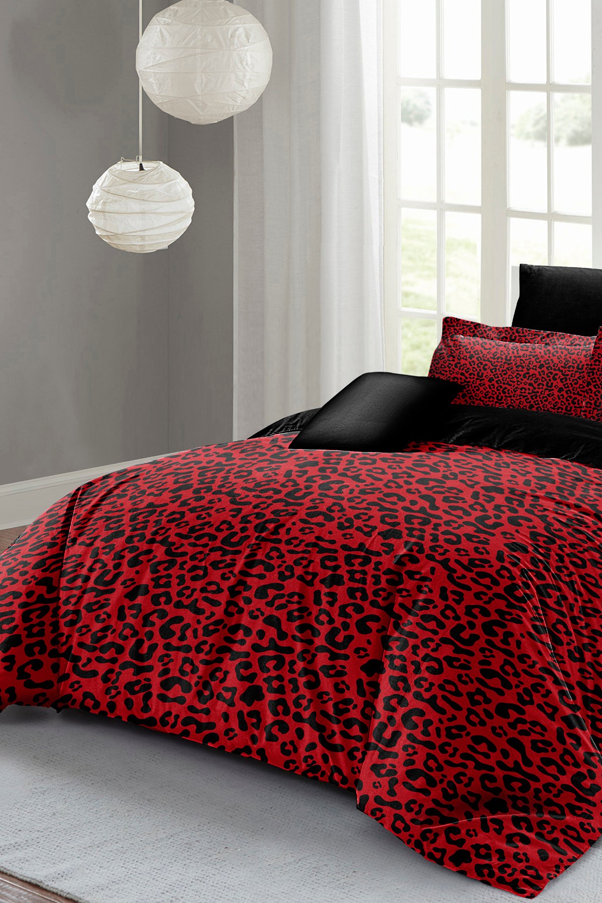 %100 Pamuk Saten 3d Çift Kişilik Nevresim Takımı Red Leopar