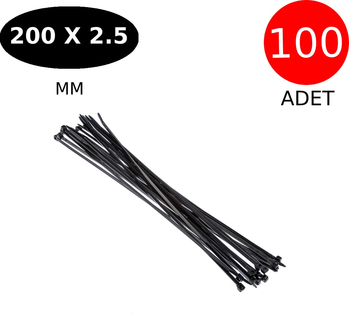 Plastik Kablo Bağı Cırt Kelepçe 200 mm x 2.5 mm Siyah 100 Adet
