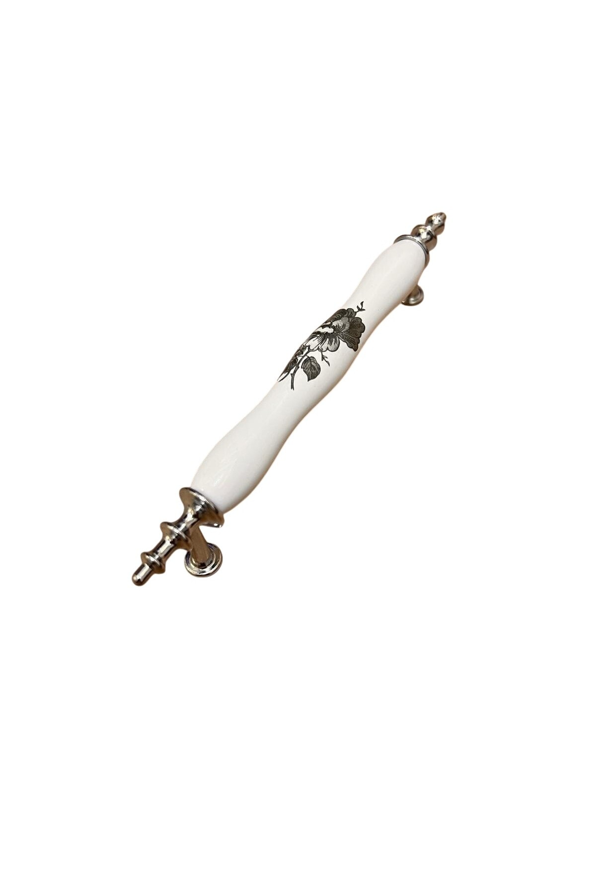 OZKUVVET Porselen Kulp 128mm(12.8cm) Siyah Gül Desenli (Ayak krom) Mobilya Çekmece Kapak Kulbu