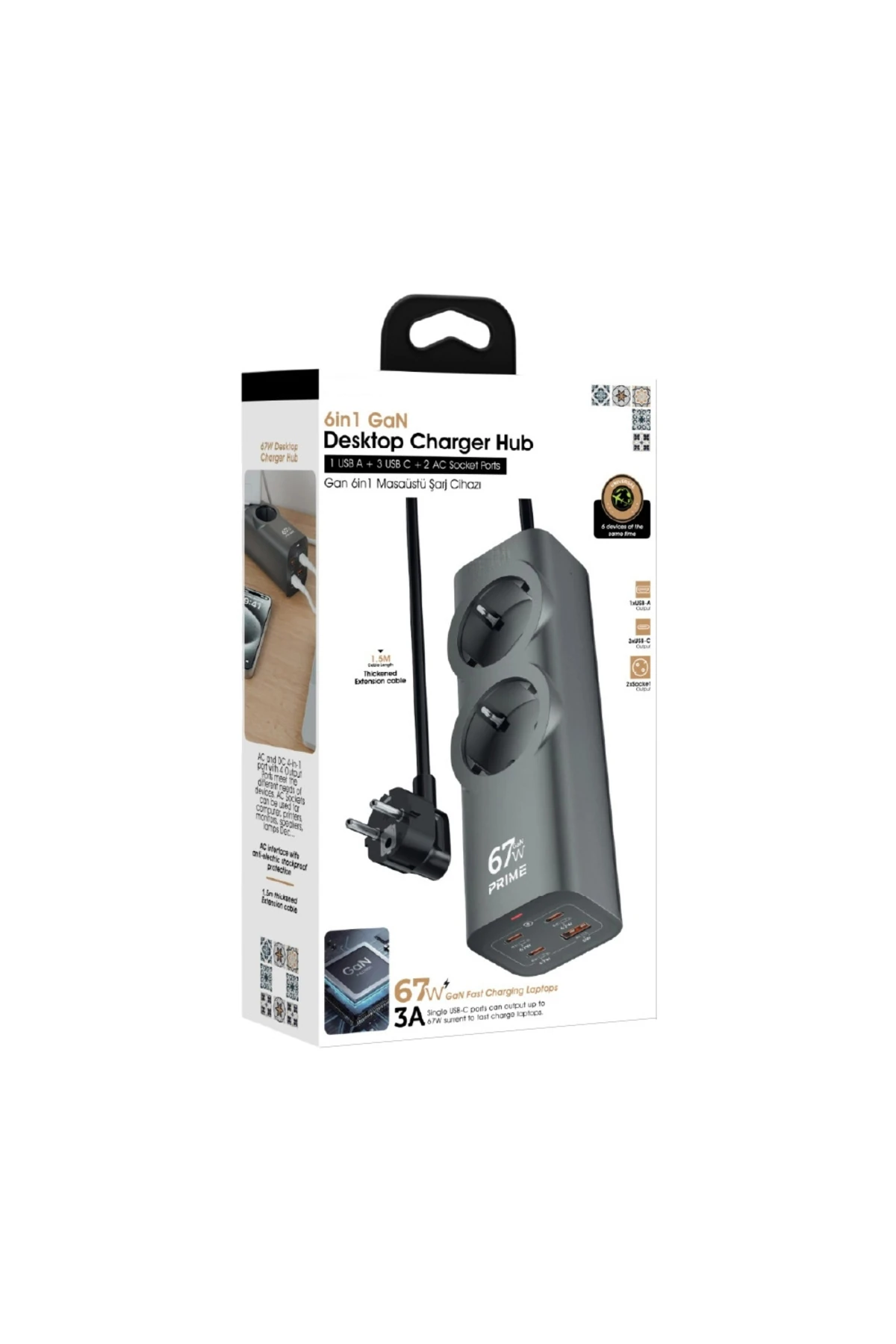 FC54 6in1 GAN Masaüstü Priz | Şarj Cihazı | 1 x USB-A | 3 x USB-C | 2 x 220V
