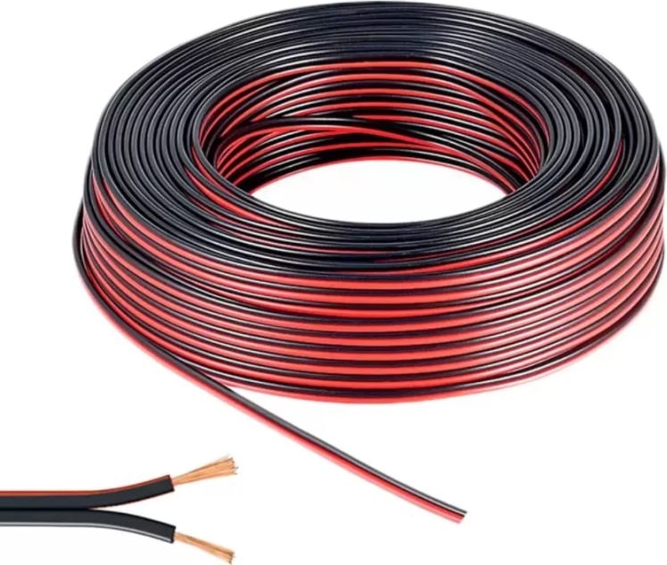 Kablo 2 x 0.75 mm Bitişik Yassı Kordon Hoparlör Kablosu Tam Bakır H03VH-H Siyah Renk 20 Metre
