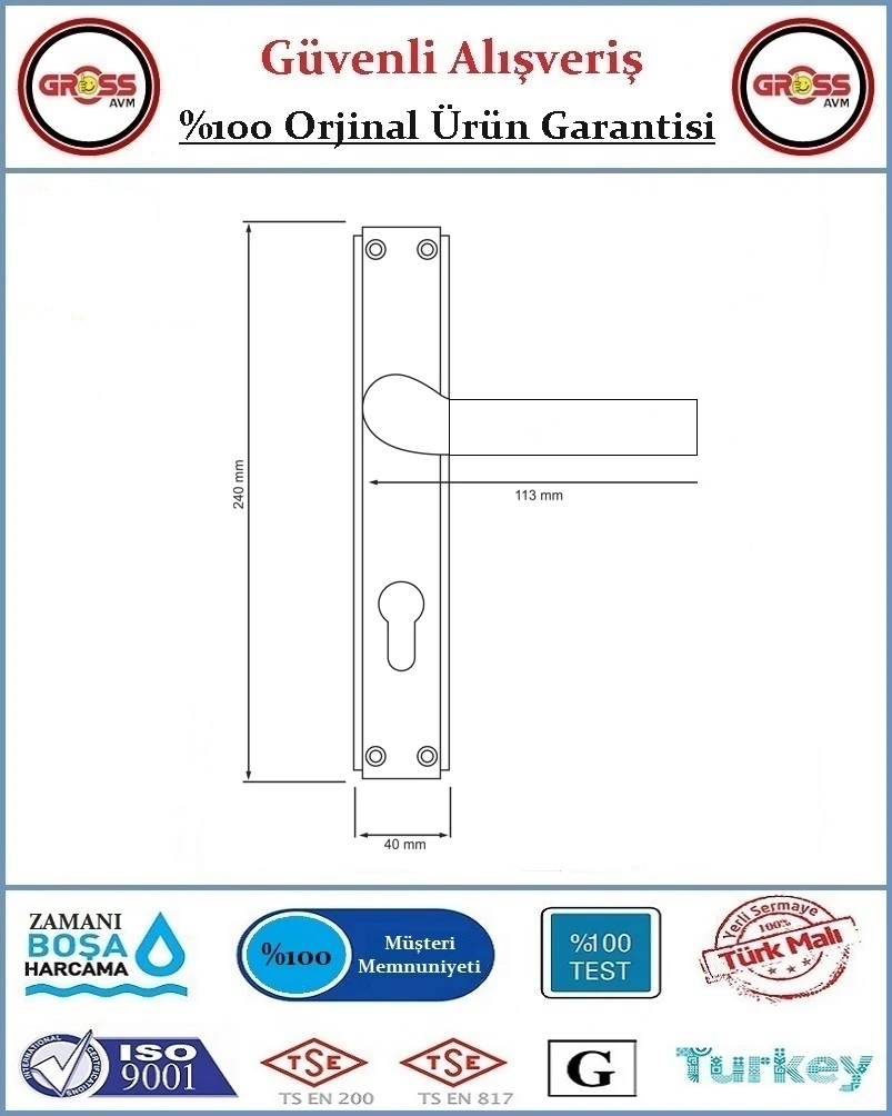 Lama Yale Dış Çelik Kapı Kolu - Mat Siyah - 1 Takım Ön ve Arka