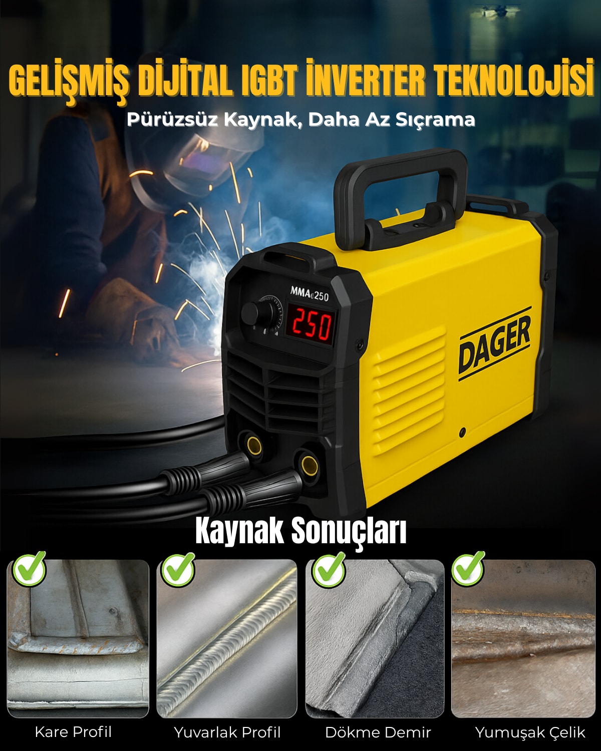MMA250 250 Amper Inverter Mini Çanta Kaynak Makinesi Seti | IGBT | Dijital Ekran | Elektrod + Maske + Eldiven