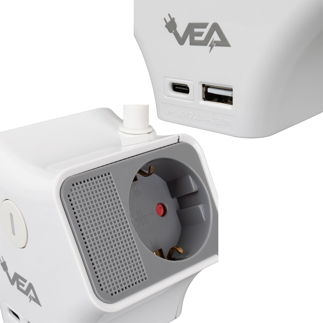 VE-G903YC 3'lü Usb+ Type-C Girişli Anahtarlı 1.5 Metre Grup Priz