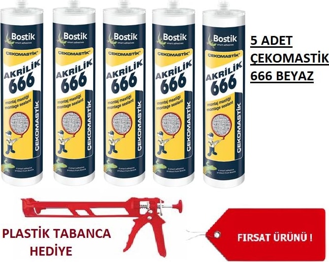 Montaj Mastiği Beyaz 666 5 Adet - Plastik Silikon Tabancası Hediyeli