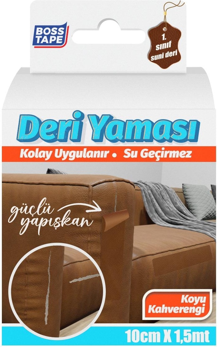 Yapışkanlı Deri Yaması Deri Koltuk Sandalye Yırtık Delik Onarım Koyu Kahve EN:10CM Boy:1,5mt