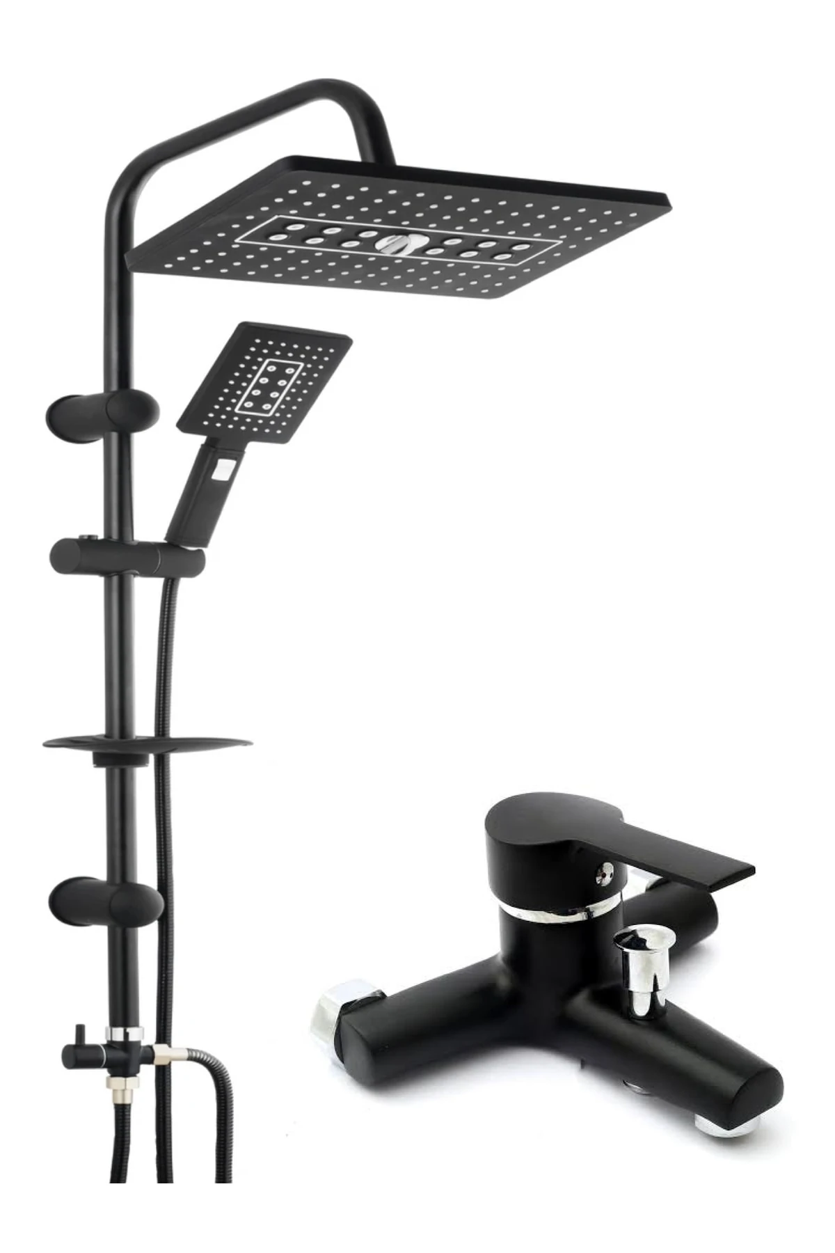 2’li Set Siyah Krom Banyo Bataryası Ve Full Siyah Lüx Robot Duş Seti Tepe Yağmurlama Duş Seti